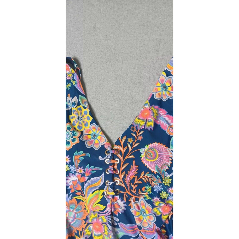 BCBGMaxAzria Women's Floral Paisley Lace-Up VNeck One Piece Swimsuit Size L Boho - Picture 4 of 13